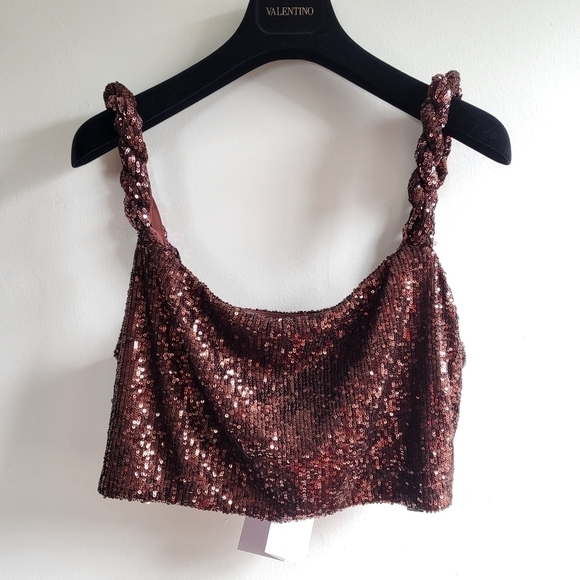 New Balmain Sequin Square Neckline Twisted Strap Brown Cropped Tank Top 12 US - Picture 11 of 17